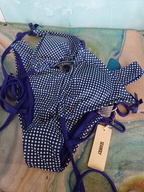 SEAMOLY Blue & White Checkered Tie-Side Bikini Set S